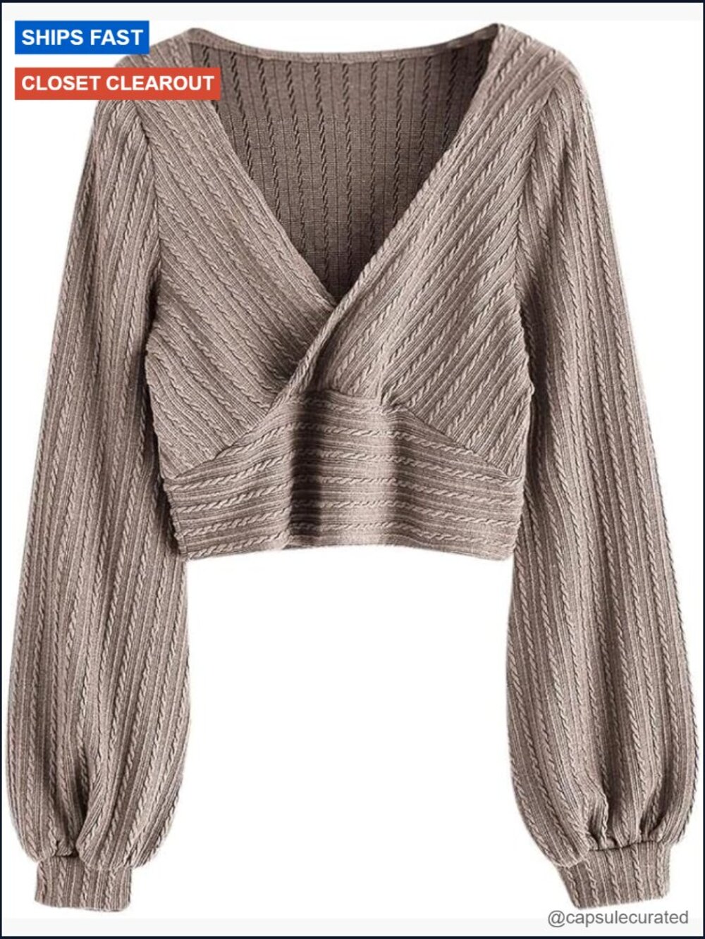 Ribbed Knit Cropped Sweater V-Neck Long Sleeve Top